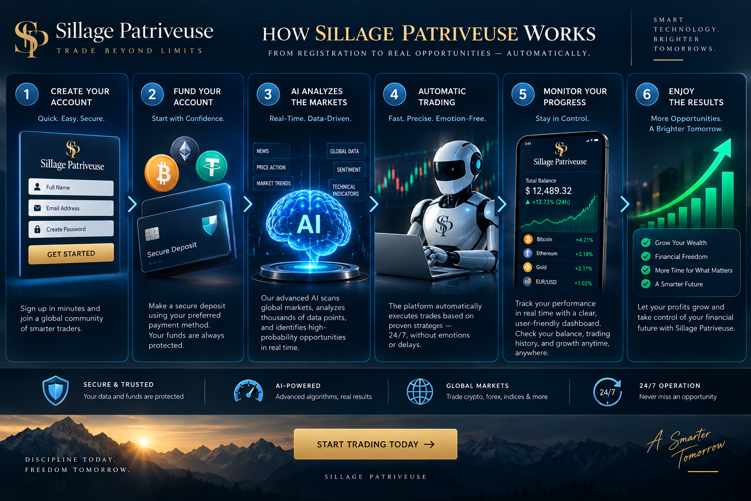 Sillage Patriveuse AI trading platform dashboard showing automated signals, risk guardian controls and multi-asset portfolio view