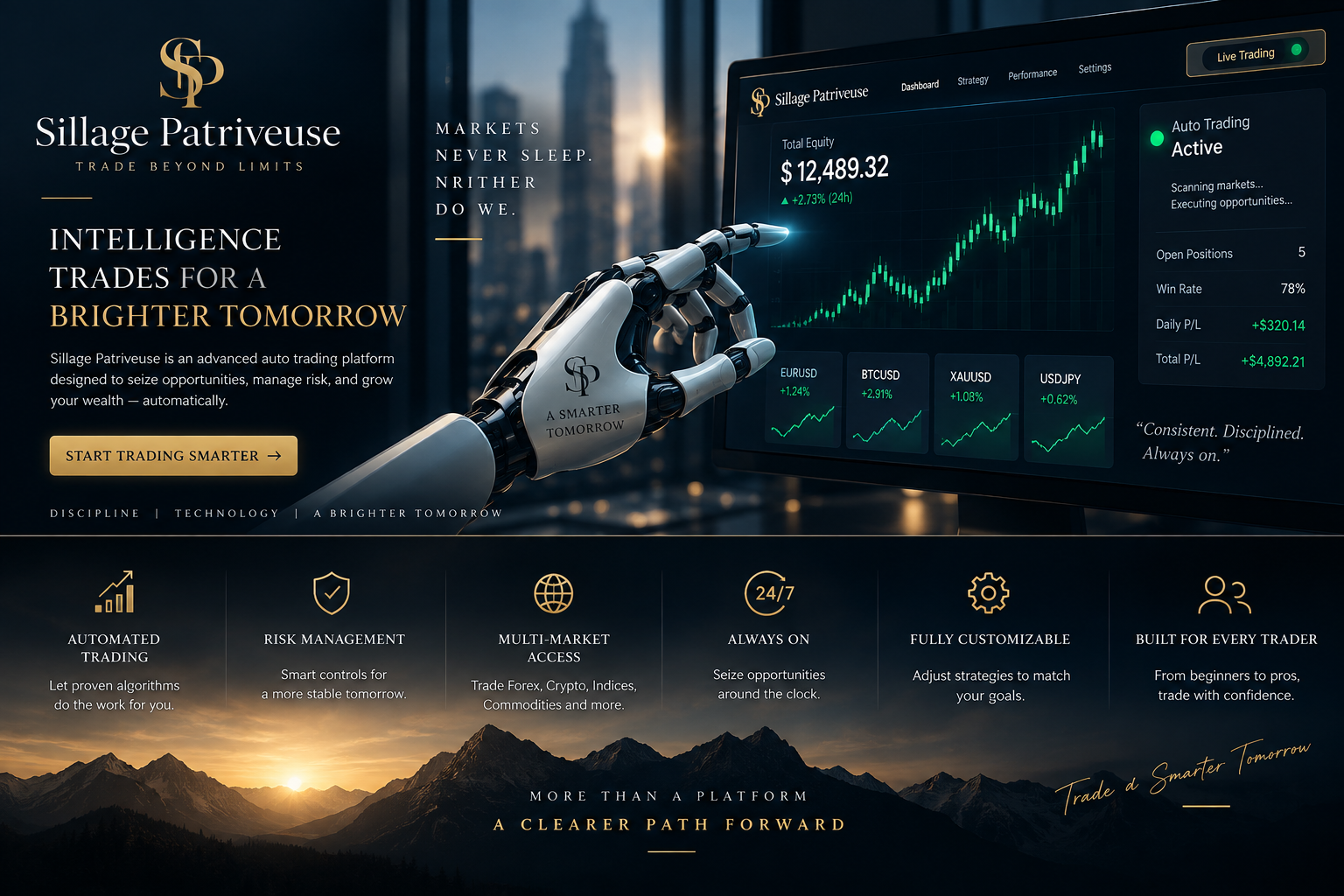 Sillage Patriveuse trading app interface designed for beginners showing plain-English AI trade explanations and risk settings